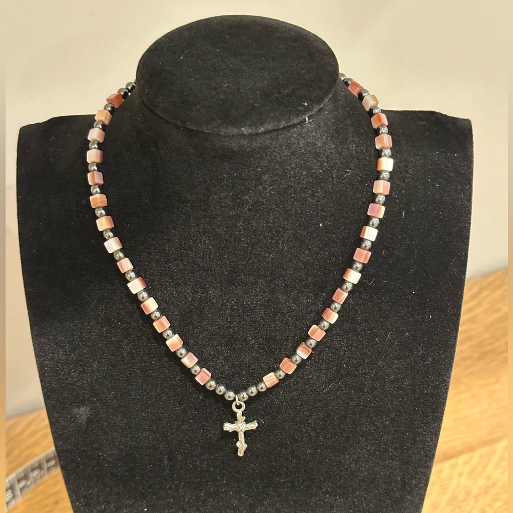 Handmade Pink Beaded Cross Necklace - Women's Jewelry
13 1/2” - Picture 1 of 3
